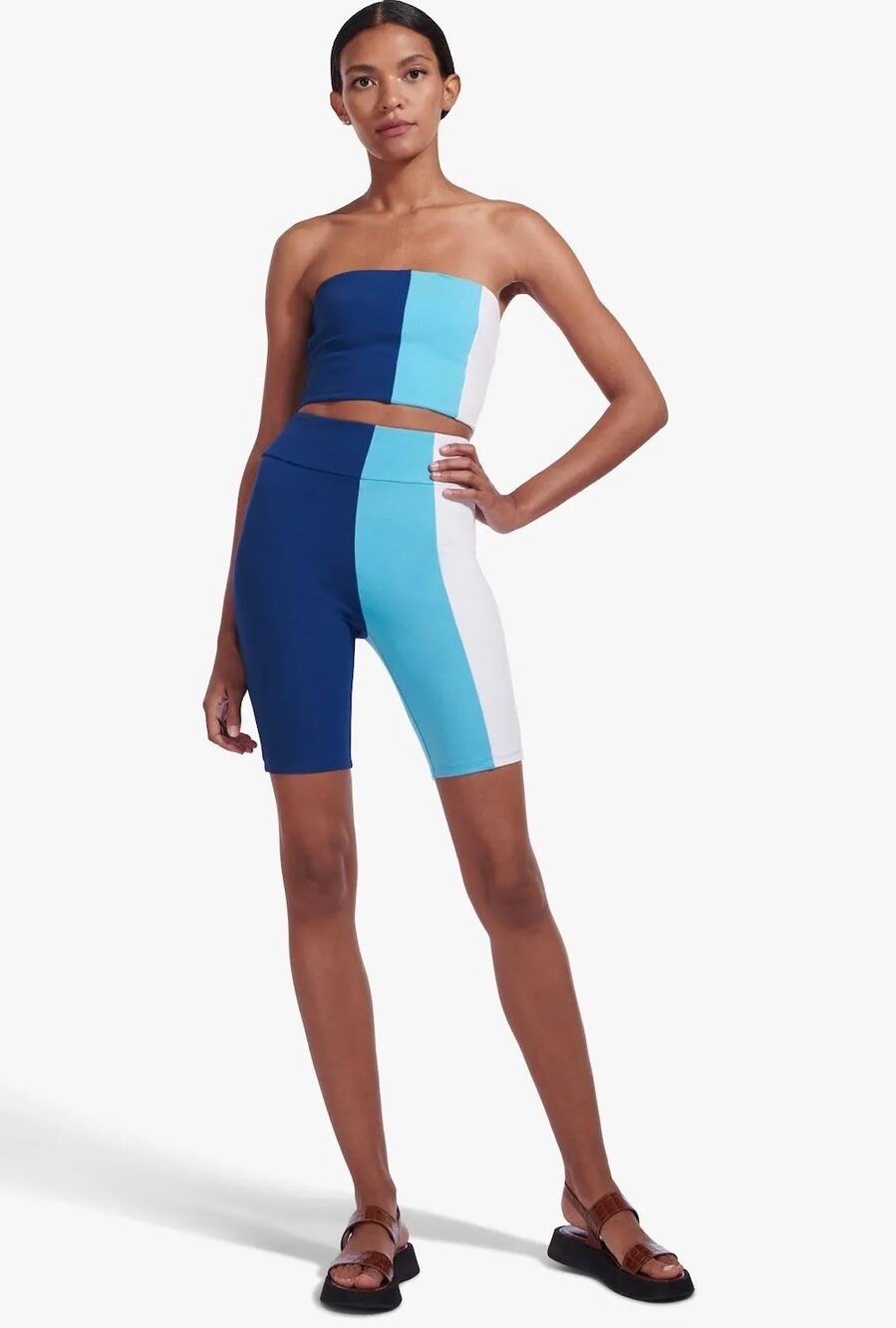 Staud Cruise Colorblock Bike Shorts in Blue and white